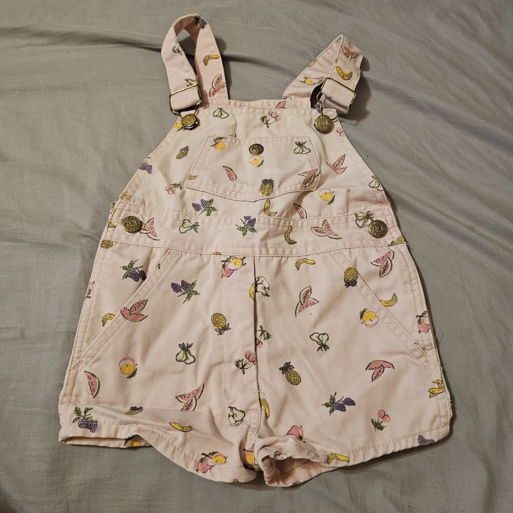 Vintage 90s Fruit Print Pink Overalls Shorts Toddler size 4t